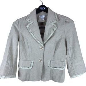 Newport News Women’s Sz 8 Cream Linen Cotton 2 Button Lace Fringe Blazer